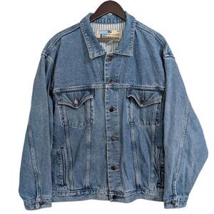 VTG 90s Aeropostale Denim Trucker Jacket Made in USA Large Blue Striped Lining